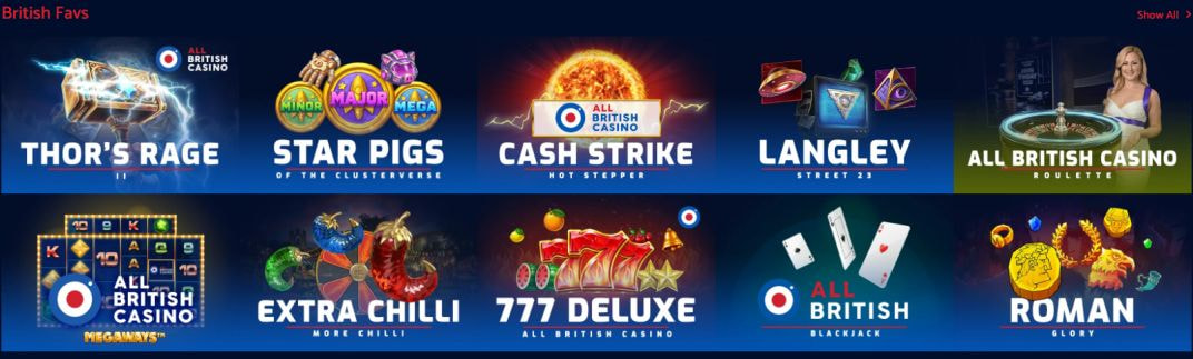 The British Favs shelf in the All British Casino lobby, showing Thor's Rage, Star Pigs, Cash Strike, Langley, All British Casino Roulette, Extra Chilli, 777 Deluxe, All British Blackjack and Roman Glory