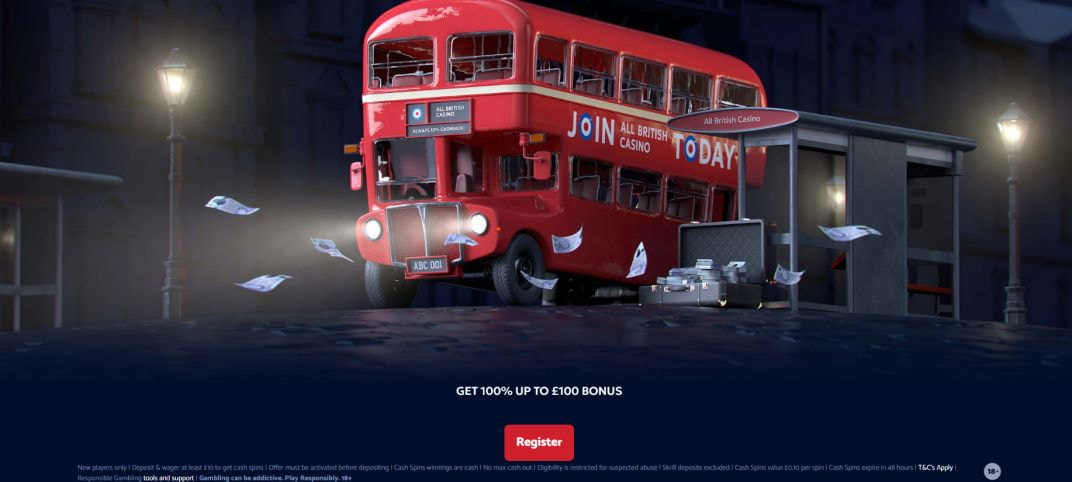 All British Casino homepage artwork of a red London double-decker bus reading Join All British Casino Today, above the welcome bonus banner, Register button and offer terms