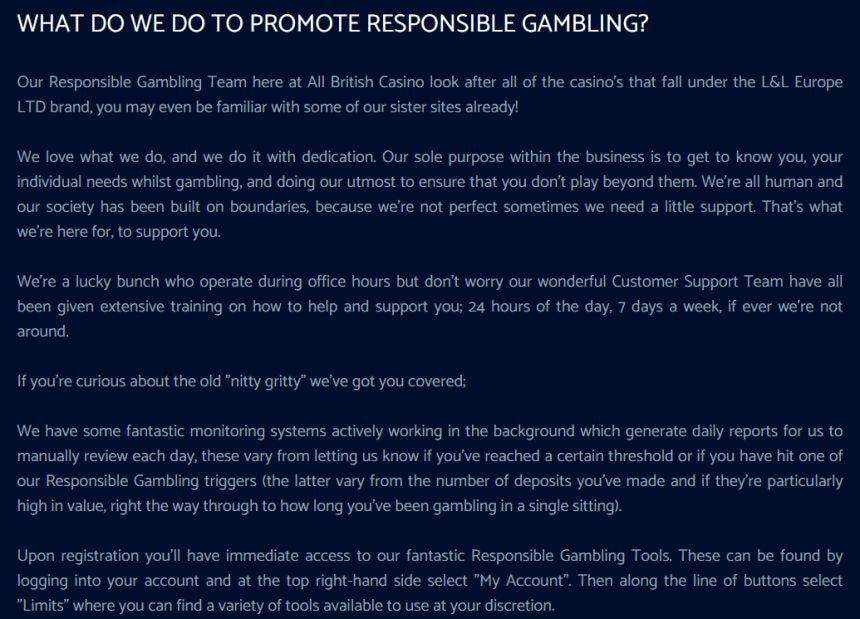 All British Casino's responsible gambling page, explaining that its team covers every L&L Europe casino and that the tools are found under My Account, then Limits