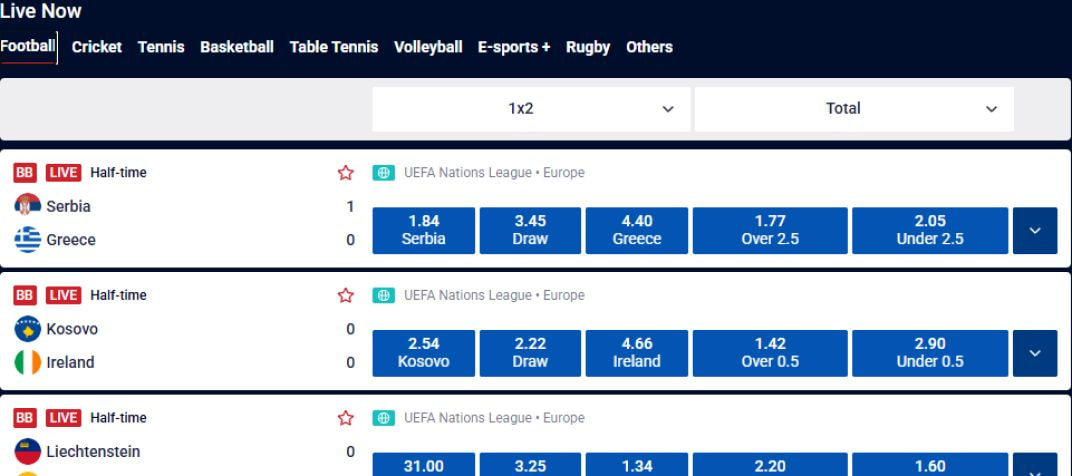 Live in-play football prices on the All British sportsbook, with match result and over/under markets on UEFA Nations League games