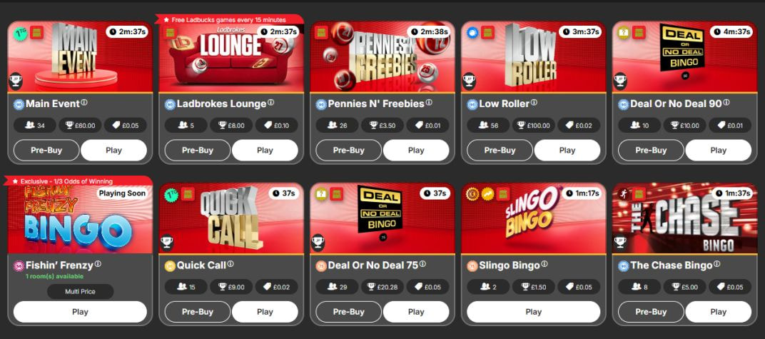 Ten Ladbrokes bingo rooms including Main Event, Ladbrokes Lounge, Deal or No Deal 90, Slingo Bingo and The Chase Bingo, each card showing its player count, prize and ticket price