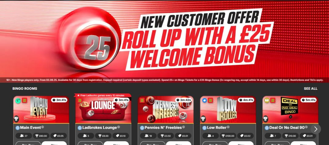 Ladbrokes bingo lobby banner reading New customer offer: roll up with a &pound;25 welcome bonus, with the offer terms beneath it