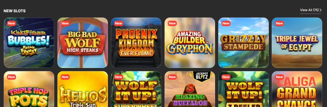 Two rows of recently added slot games on the Ladbrokes New Slots shelf, including Kingfisher Bubbles, Big Bad Wolf High Steaks and Phoenix Kingdom Ever Flame