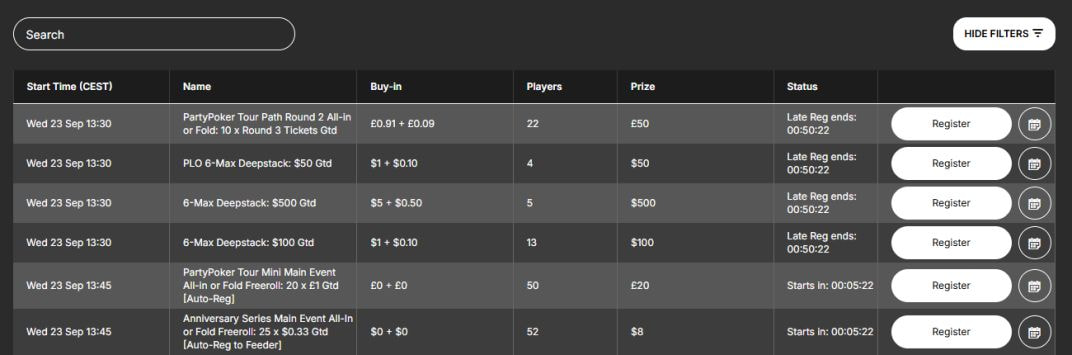 The Ladbrokes poker tournament schedule listing start times in CEST, event names including PartyPoker Tour qualifiers and 6-Max Deepstacks, buy-ins, player counts and prizes