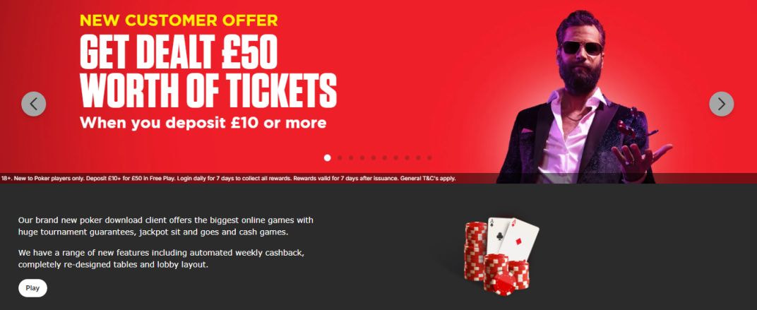 Ladbrokes poker home page banner reading New customer offer: get dealt &pound;50 worth of tickets when you deposit &pound;10 or more, with the offer terms beneath it