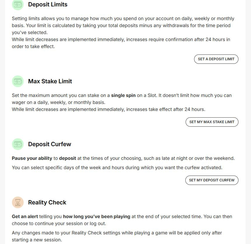 Ladbrokes safer gambling settings page showing deposit limits, a maximum stake limit, a deposit curfew and reality check alerts, each with a button to set it