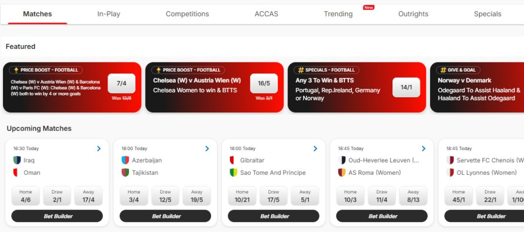 Ladbrokes football lobby showing featured price boosts with their previous prices struck through, and home, draw and away odds for upcoming matches