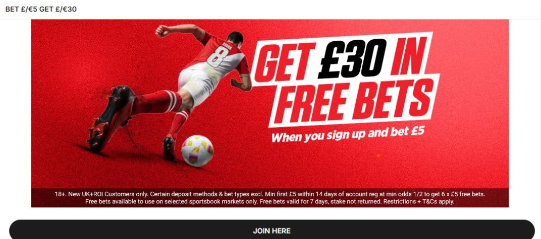 Ladbrokes sports welcome offer banner reading Get &pound;30 in free bets when you sign up and bet &pound;5, with the offer terms beneath it