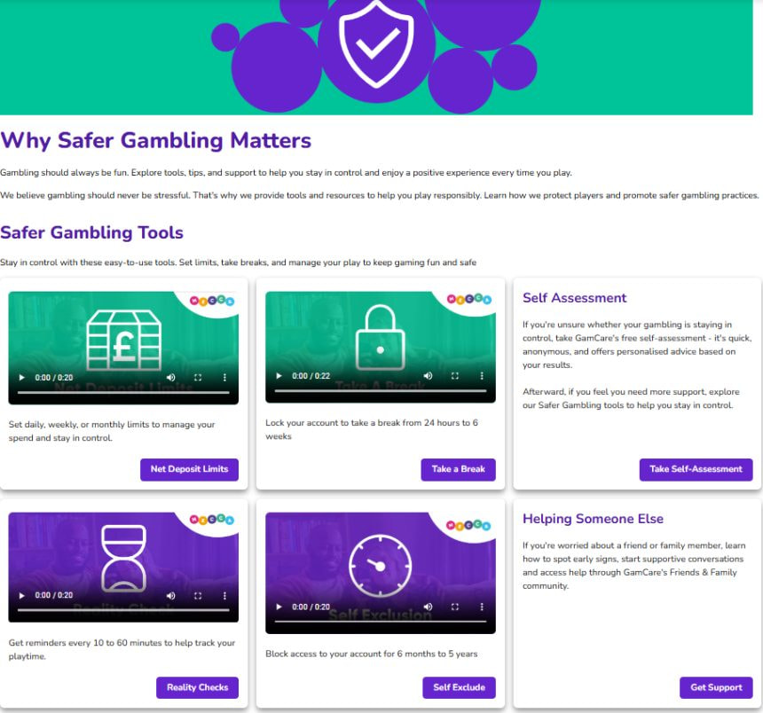 Mecca Bingo safer gambling page showing net deposit limits, take a break, self assessment, reality checks and self exclusion, each with its own button