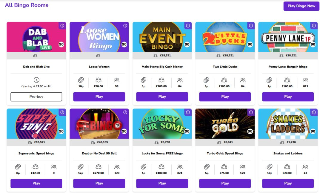 Ten Mecca Bingo rooms including Dab and Blab Live, Loose Women, Main Event, Penny Lane, Deal or No Deal 90 Ball and Lucky for Some, each card showing the ticket price, prize and number of players
