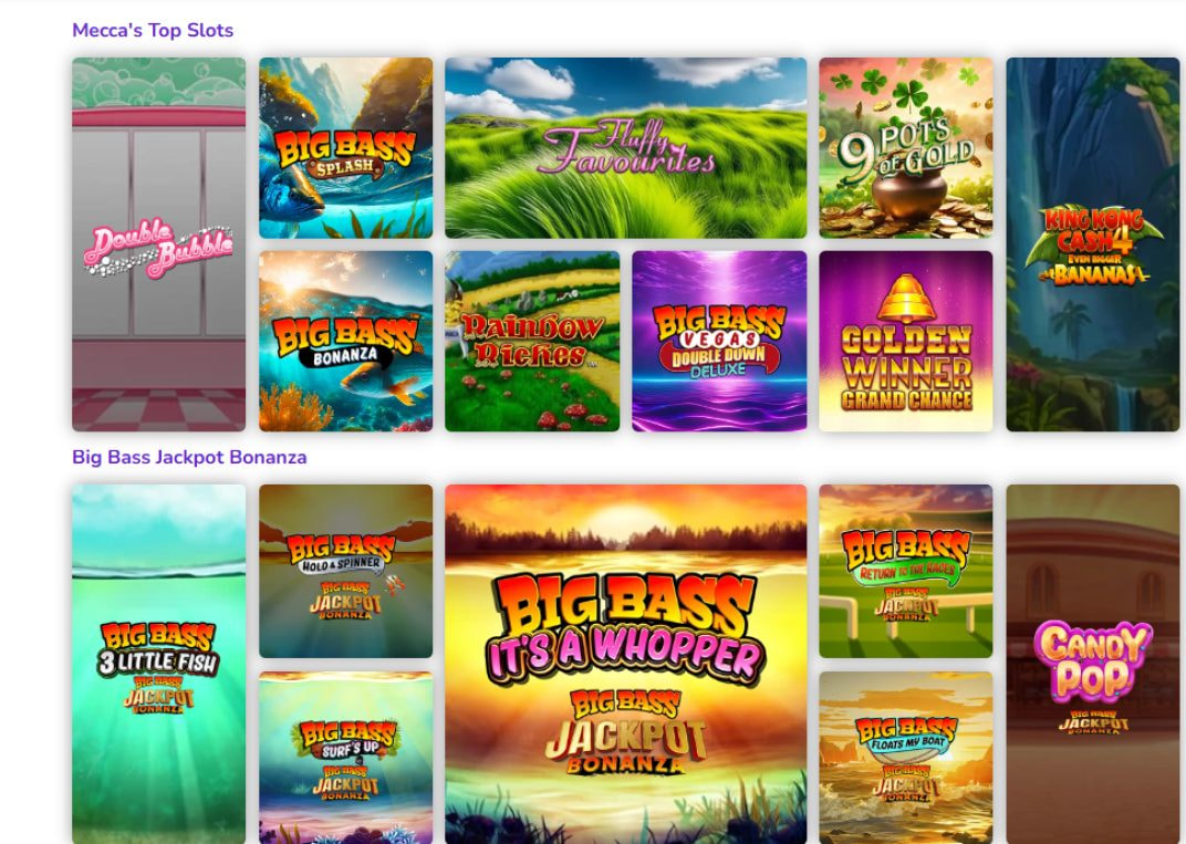 Mecca's Top Slots and Big Bass Jackpot Bonanza rows in the slots lobby, including Fluffy Favourites, Rainbow Riches, King Kong Cash Even Bigger Bananas and Big Bass It's a Whopper